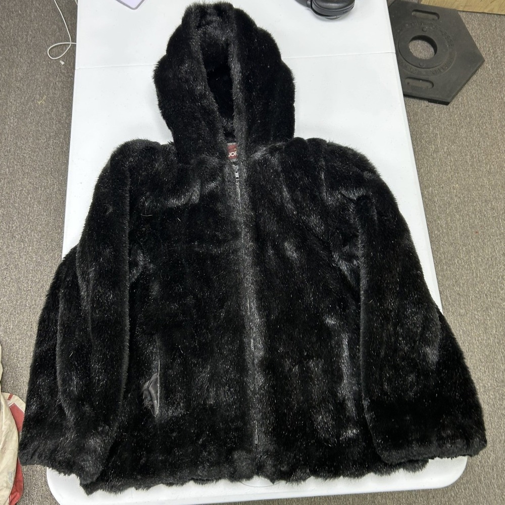 Jordache Faux Fur Jacket Womens Black Hooded Zip Up Plush Coat Vintage A5